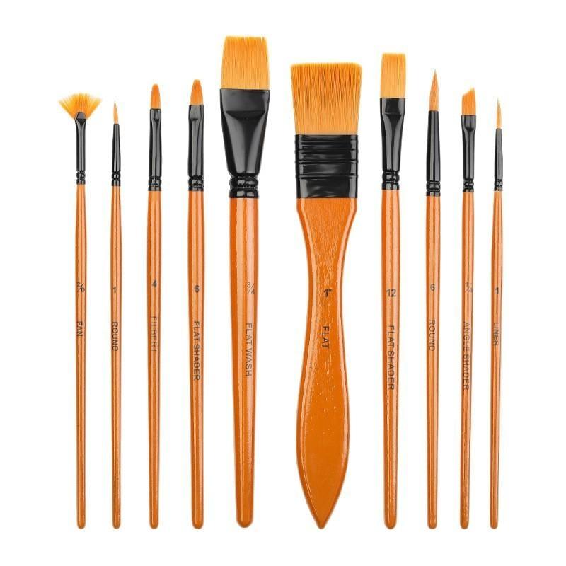 10 Pcs Orange Handle Nylon Bristle Watercolor Brush Set with Canvas Bag for Kids Adult DIY Handcraft Painting