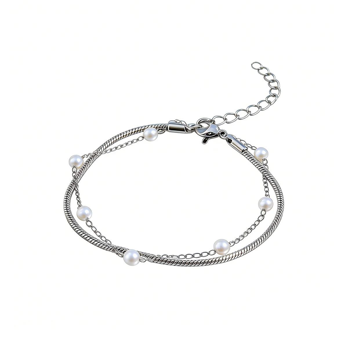 Simple multi-layered bracelet - stainless steel snake-shaped chain with pearl accents accessory bracelet 1