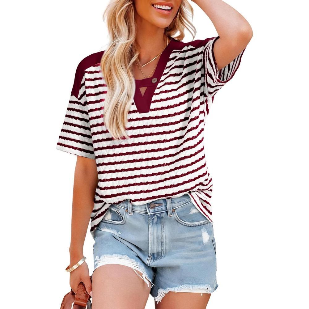 Fashionable Multi-color V-neck Tie Clip Loose Casual Women's Short-sleeved Top