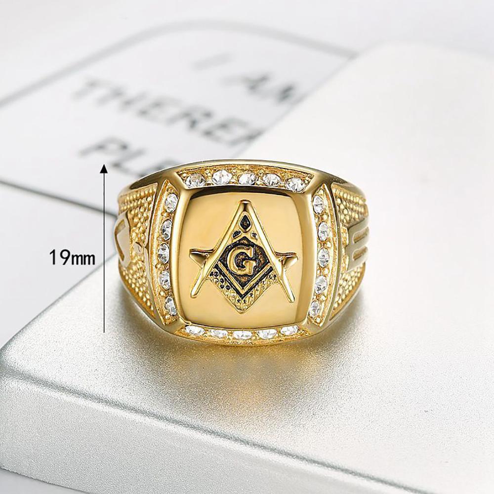 Hip Hop Freimaurer Ring für Männer 316L Edelstahl Iced Out Bling CZ Kristall Freimaurer Ringe Goldfarbe Mode Amulett Schmuck