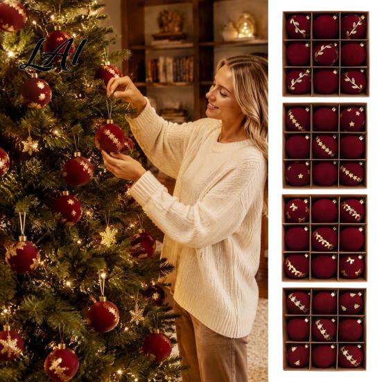 Christmas Party Background Decor 9Pcs Flocked Ball Ornaments Burgundy Velvet Balls with Gold Retro Supplies Embroidery Hanging Tree for Holiday Home