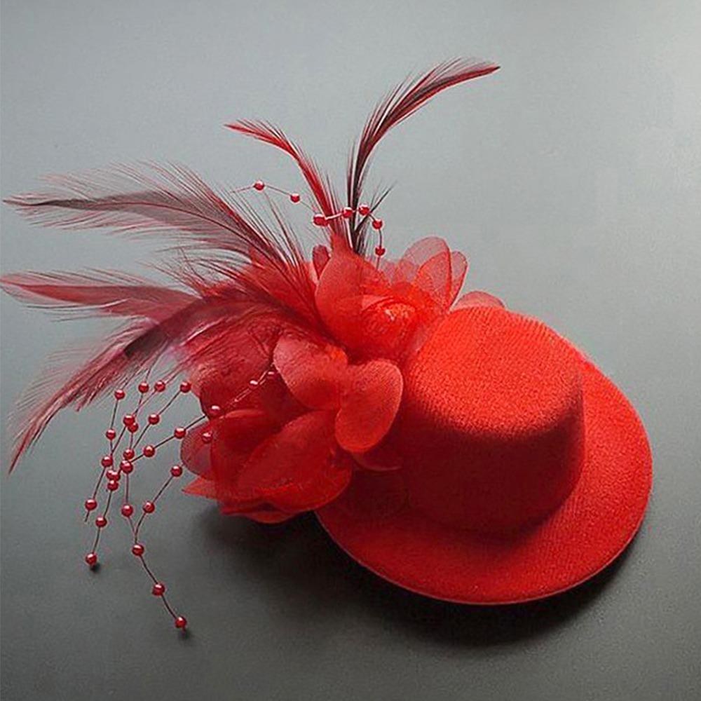 

Feathers Flower Pillbox Hat 13cm Cocktail Hats Fashion Teas Party Hairpins Party червоний