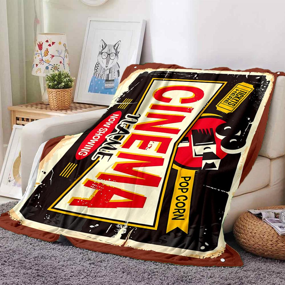 Retro Cinema Poster Design With Popcorn And Ticket Throw Customizable Blanket Personalized Name Soft Cozy Suitable For Sofa Couch Office Bed Picnics