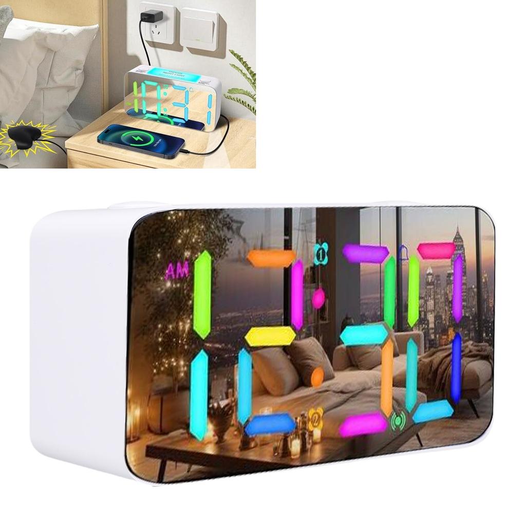 7 Inch Mirror Alarm Clock with Bed Shaker RGB Night Light 5 Levels Volume Vibrating Alarm Clock for Heavy Sleepers Seniors