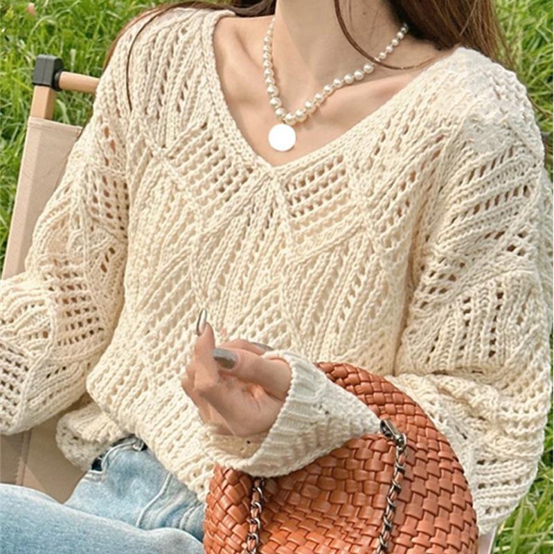Hollow Out Knitted Sweater for Women In Spring Summer Korean Style Design Solid Color Diamond Grid Lazy Style Sweater Base Sunscreen Cover Shirt