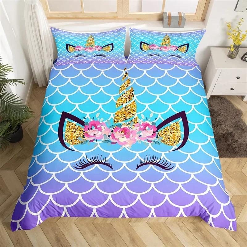 Cartoon Unicorn Duvet Cover Set Smile Eyelash King Bedding Set For Girls Woman Microfiber Mermaid Scale Floral Comforter Cover