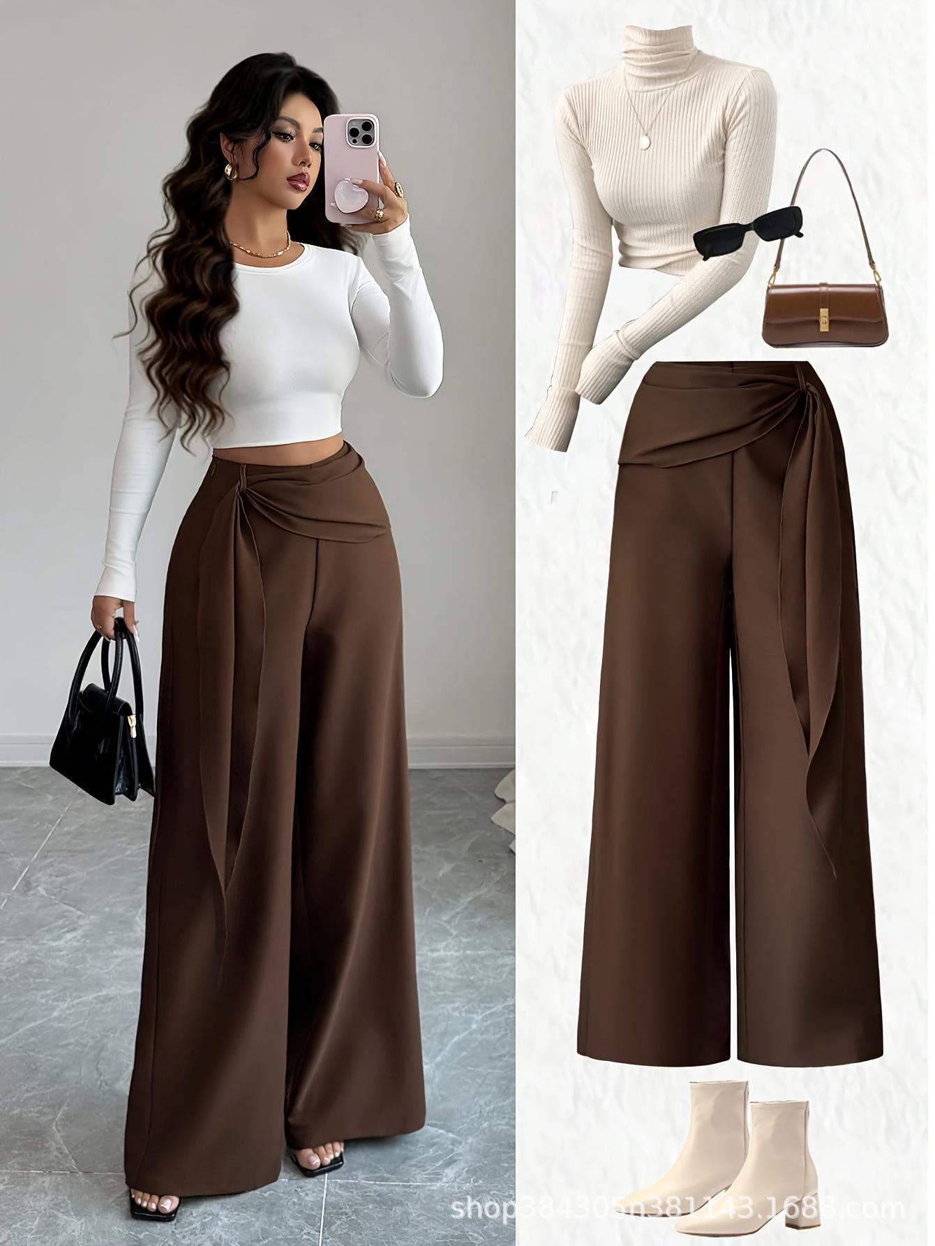 Melaleuca High-Waisted Wide-Leg Drape Suit Pants - Women s Slimming Spring/Autumn Long Trousers S кофейный
