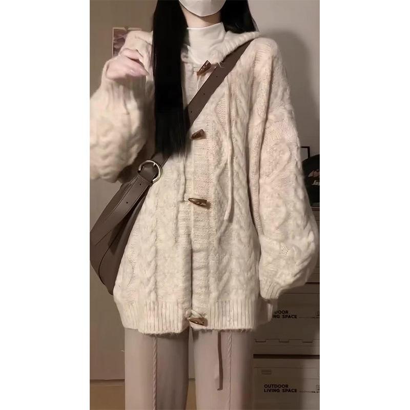 

Модный повседневный ретро уютный кардиган-свитер с пуговицами-хомутами для женщин на осень и зиму, свободный, универсальный, тонкий трикотажный жакет с капюшоном XL