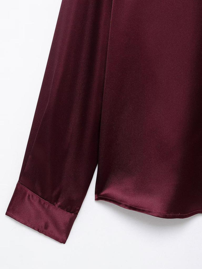 TAOP&ZA Women's Spring/Summer Elegant Solid Silk Satin Slim Fit Shirt