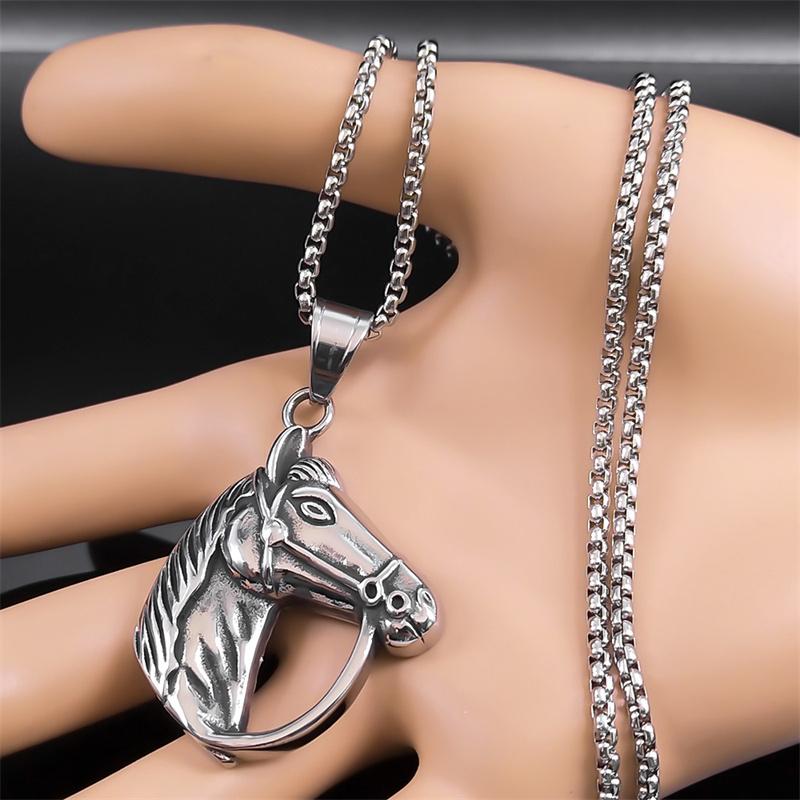 Stainless Steel Horse Head Necklace Pendant Silver Color Vintage Horses Lover Gift Accessories Jewelry Collier Homme NZZ372S02