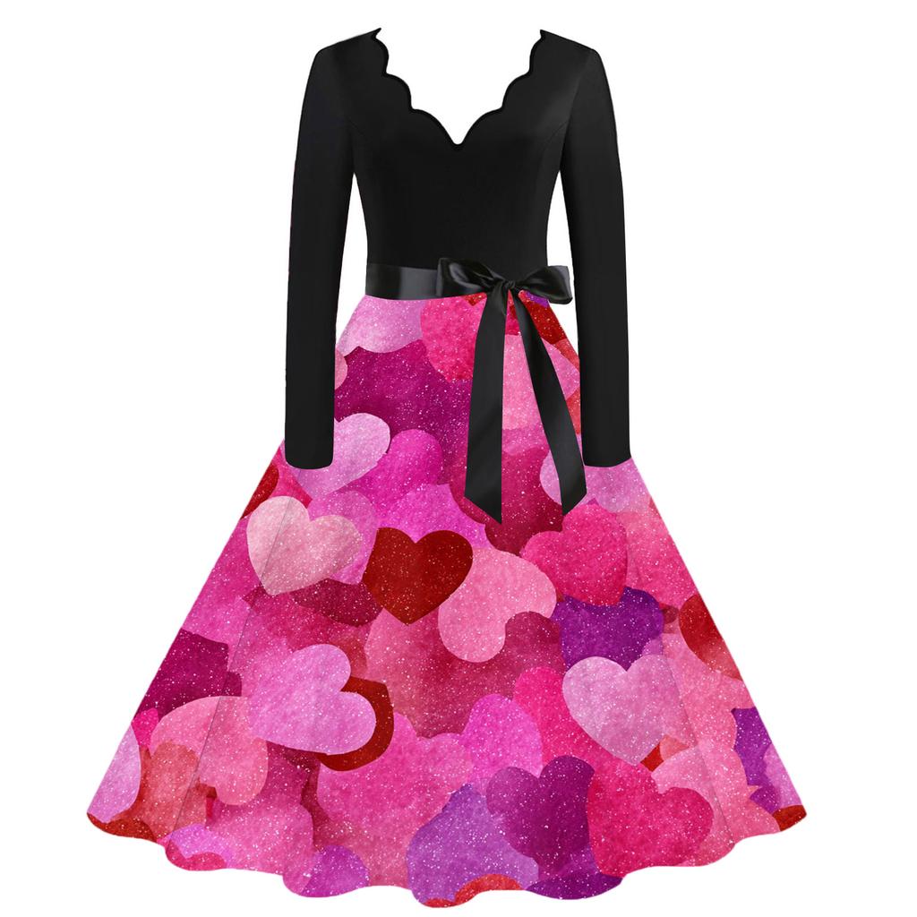 Damen Casual Mode V-Ausschnitt Valentinstag Print Retro Kleid