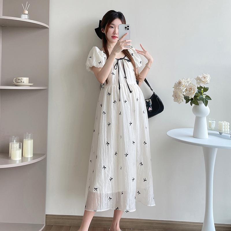Square Neck Floral Embroidered Maternity Dress with Color Blocking and Bow L