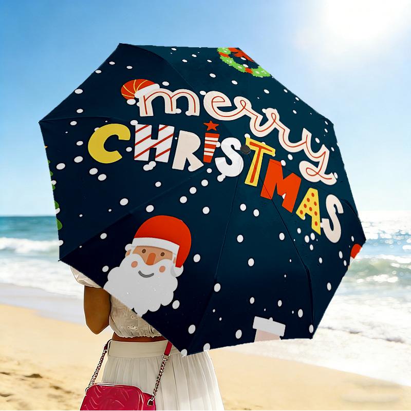 Christmas Greetings 8 Ribs 3Fold Black Glue Uv Protection Umbrella Sun Protection Rainproof Compact Folding Umbrella For Travel Daily Use C923440