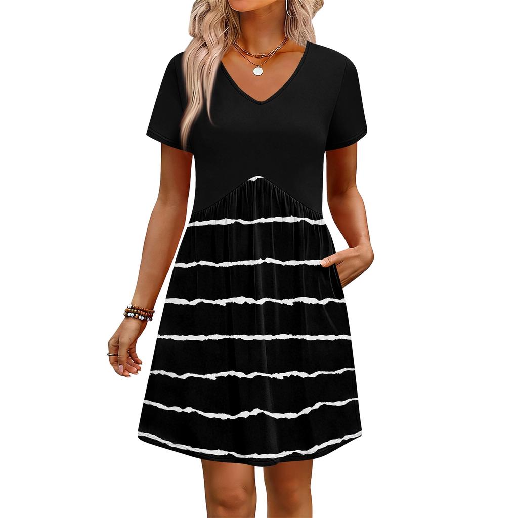 Modisches Damenkleid mit Print, V-Ausschnitt, kurzärmelig, locker, lässig, für den Strandurlaub