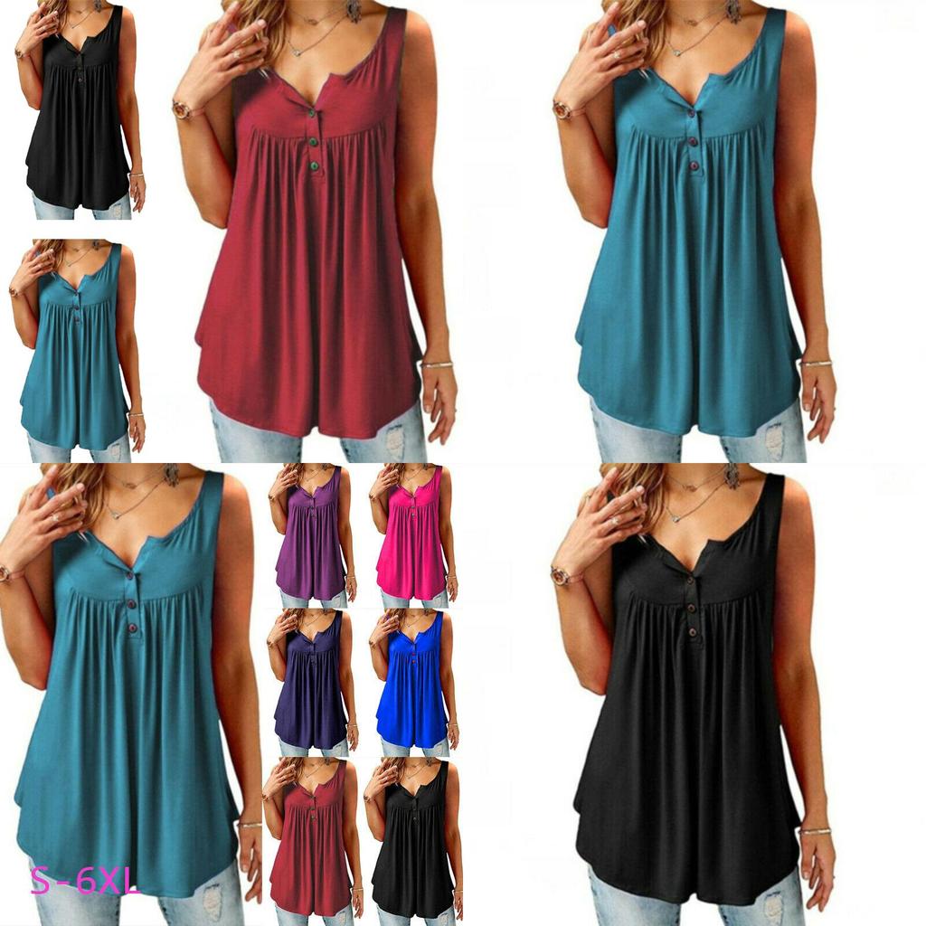 Eleganti Bluse Tunica Svasate da Donna con Scollo O e Volant in Chic Design Senza Maniche con Bottoni