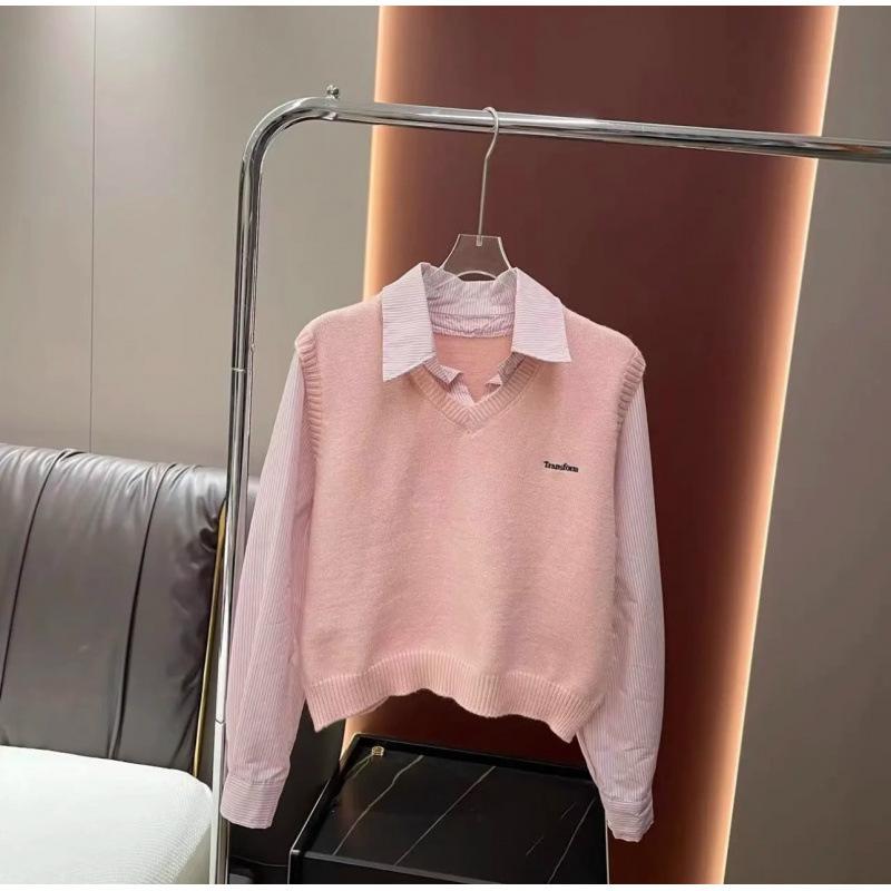 

Spring Petite Striped Shirt with Faux Vest - Women s Retro Loose Knit Top One Size рожевий