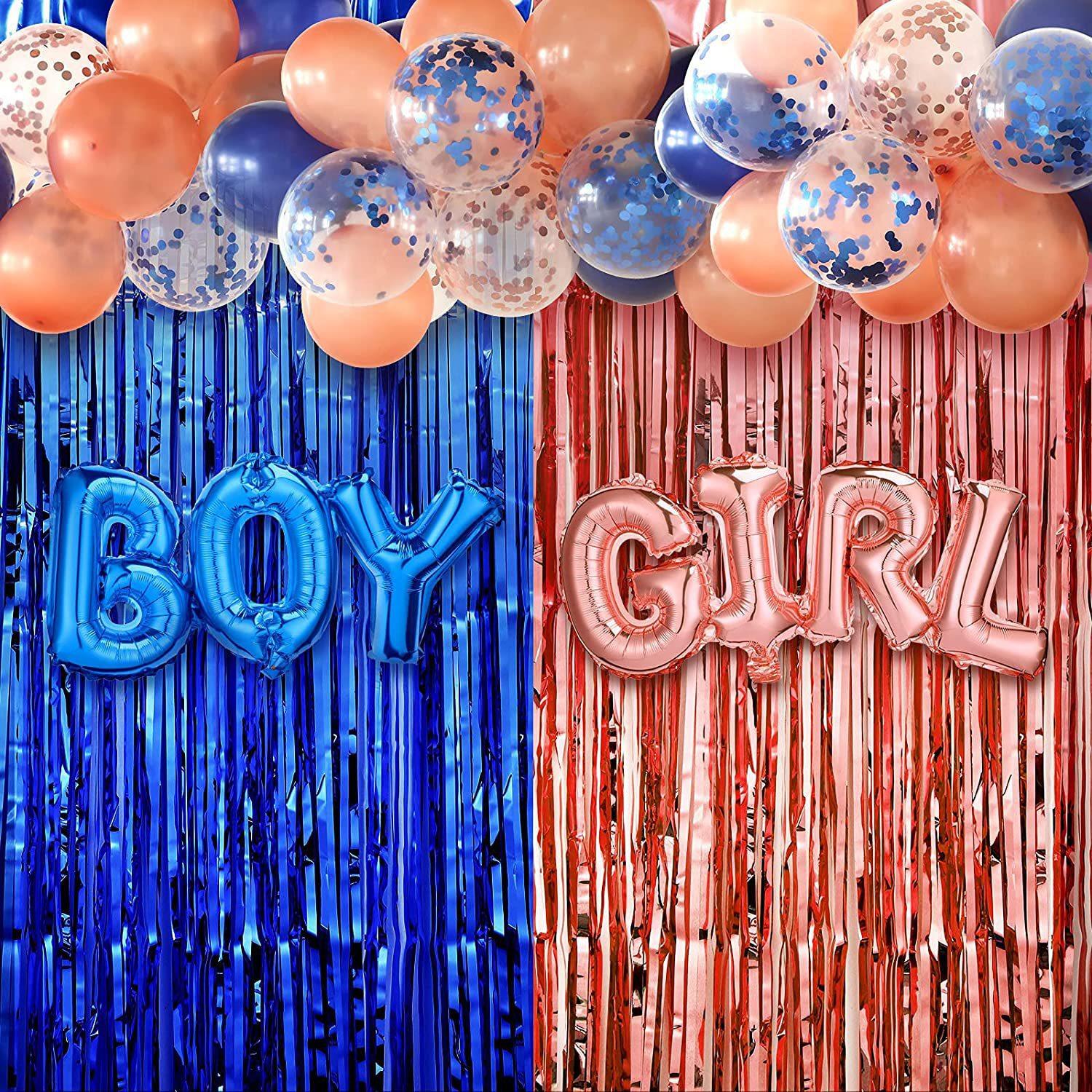 

Украшения для вечеринки по случаю определения пола ребенка, гирлянда из воздушных шаров с конфетти для мальчиков или девочек, синие и розовые занавески с кисточками 1