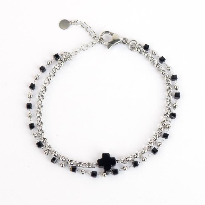 Glory_Arden [Unisex] Onyx Cross & Surgical Chain Mix Bracelet / Ghmb-168