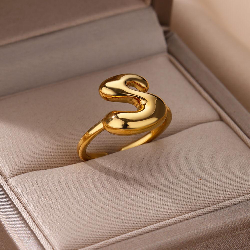 Stainless Steel Chunky Letter Rings For Women Gold Color A-Z Initial Letter Adjustable Ring Wedding Fashion Jewelry Gift