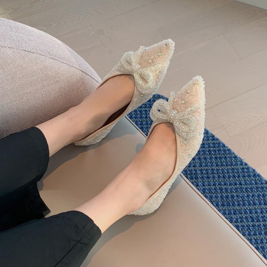 2024 Glitter Flats Shoes Woman Crystal Sequins Ballerina Shallow Pointed Toe Loafers Ladies Dress Office Bow Moccasins Ballets