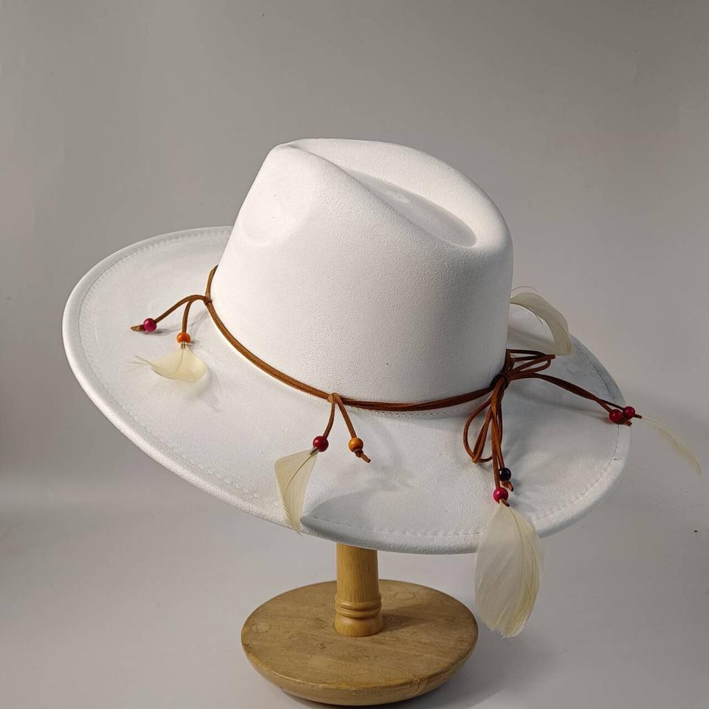 2026Bohemian style suede hat, brim 9.5 cm fedora with feather accessories, classic church hat, wide brim hat, women's hat
