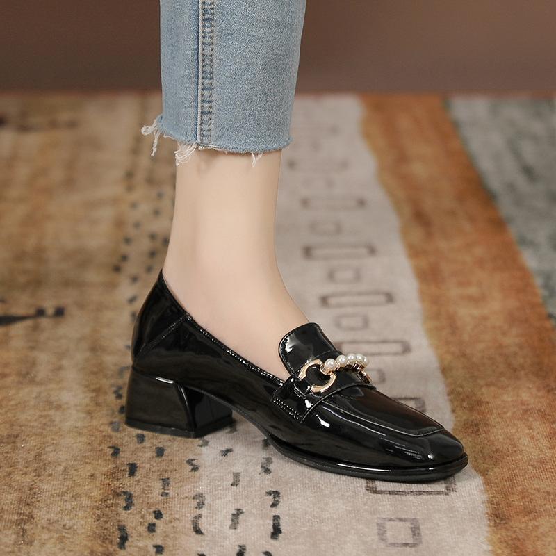 

Кожаные балетки для женской обуви Хуэйчжоу, такие же одинарные туфли, универсальный толстый каблук, новые туфли Мэри Джейн, высокий каблук 34 чёрный