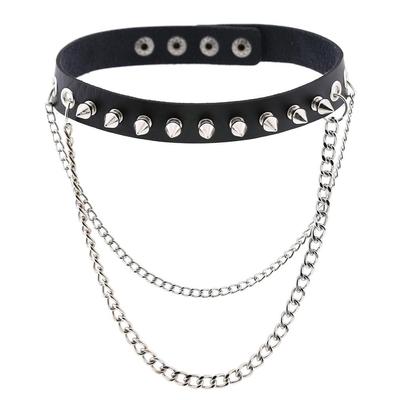 Gothic Spike Leather Collar Metal Chain Neck Strap Clavicle Ring