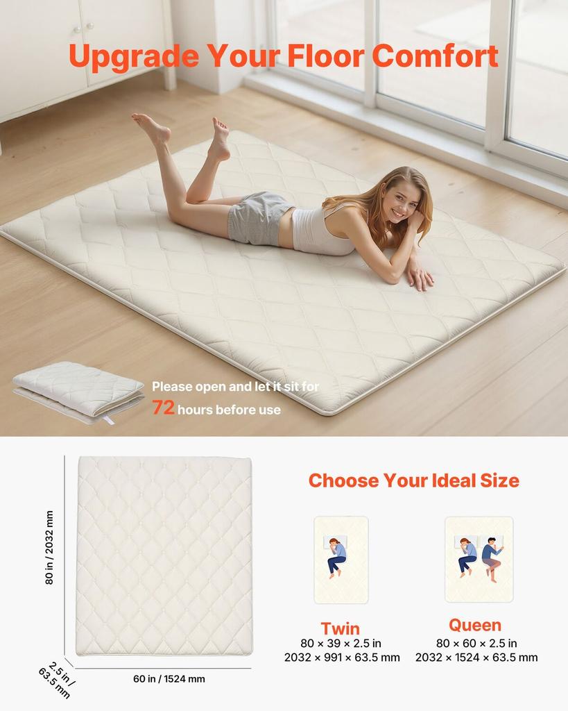 Japanese Tatami Mat, Queen Size Foldable Japanese Tatami Mattress, Futon Mattress with Storage Bag & Fastener, 9-Layer Floor Mat for Sleeping, Dorm,
