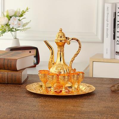 1 Set Vintage Metal Türk Kahvesi Potu Seti 6 Lüks Kahve Fincanı ve El Yapımı Çay Tepsisi Çaydanlık Çay Servisi İçin Zamzam Kahve Kapuçino