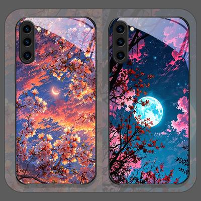 Coque de téléphone en verre trempé Motif Fleur de Cerisier Lunaire Paysage pour Samsung Galaxy S25 Ultra S24 S23 Plus S22+ S21 S20 FE 5G