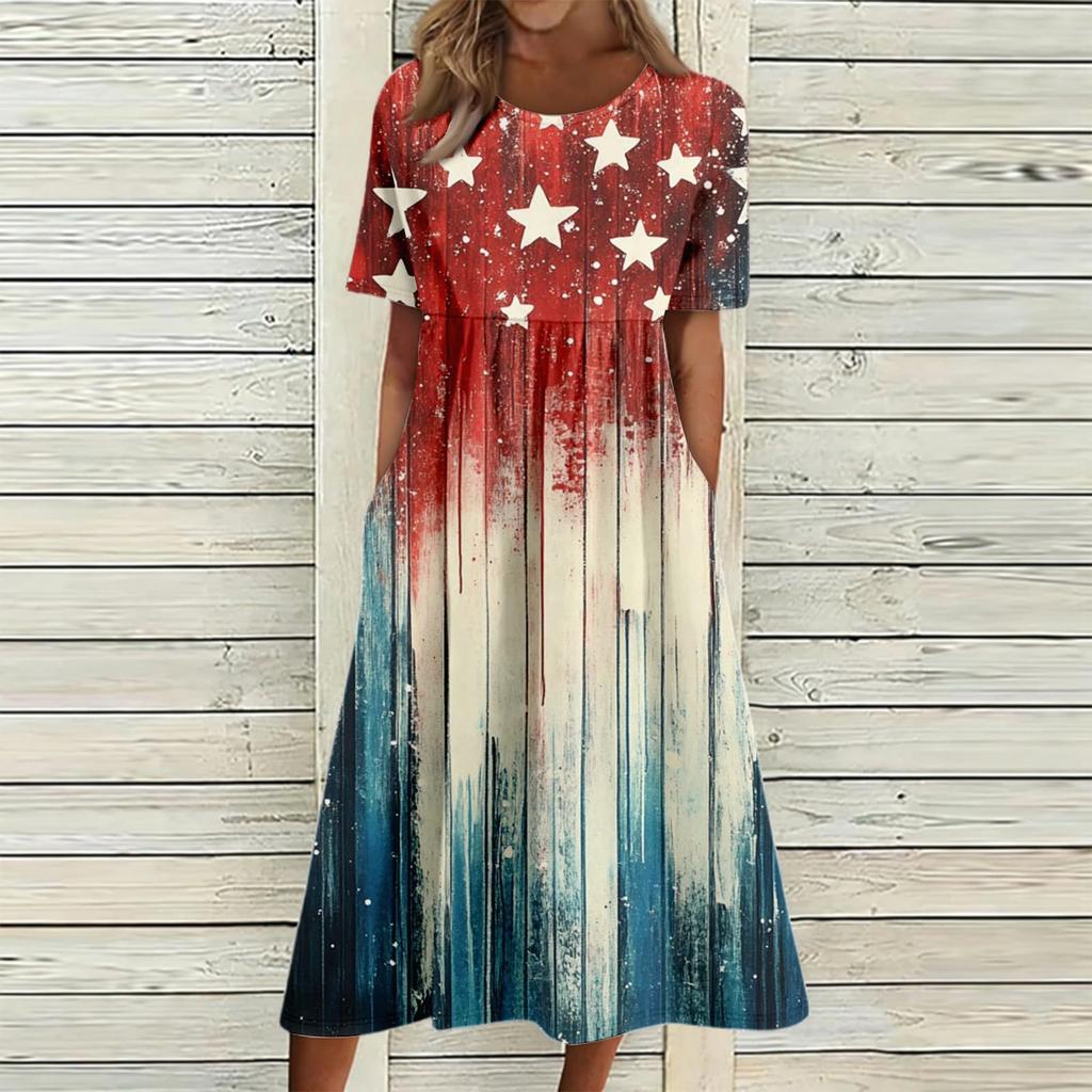 New summer women's five-pointed star patriotic style D printing short-sleeved dress