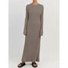 Elegant Solid Ribbed Knitted Maxi Dress Women Slim Casual Waistband Round Neck Long Sleeve Lace Up A-line Dresses 2023 Autumn Lady Streetwear Robe