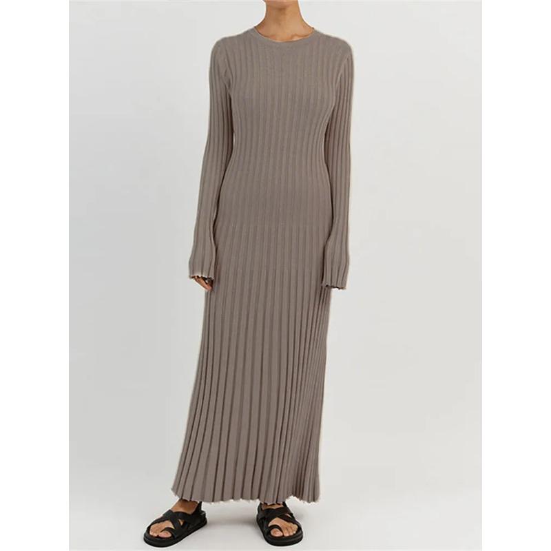 Elegant Solid Ribbed Knitted Maxi Dress Women Slim Casual Waistband Round Neck Long Sleeve Lace Up A-line Dresses 2023 Autumn Lady Streetwear Robe