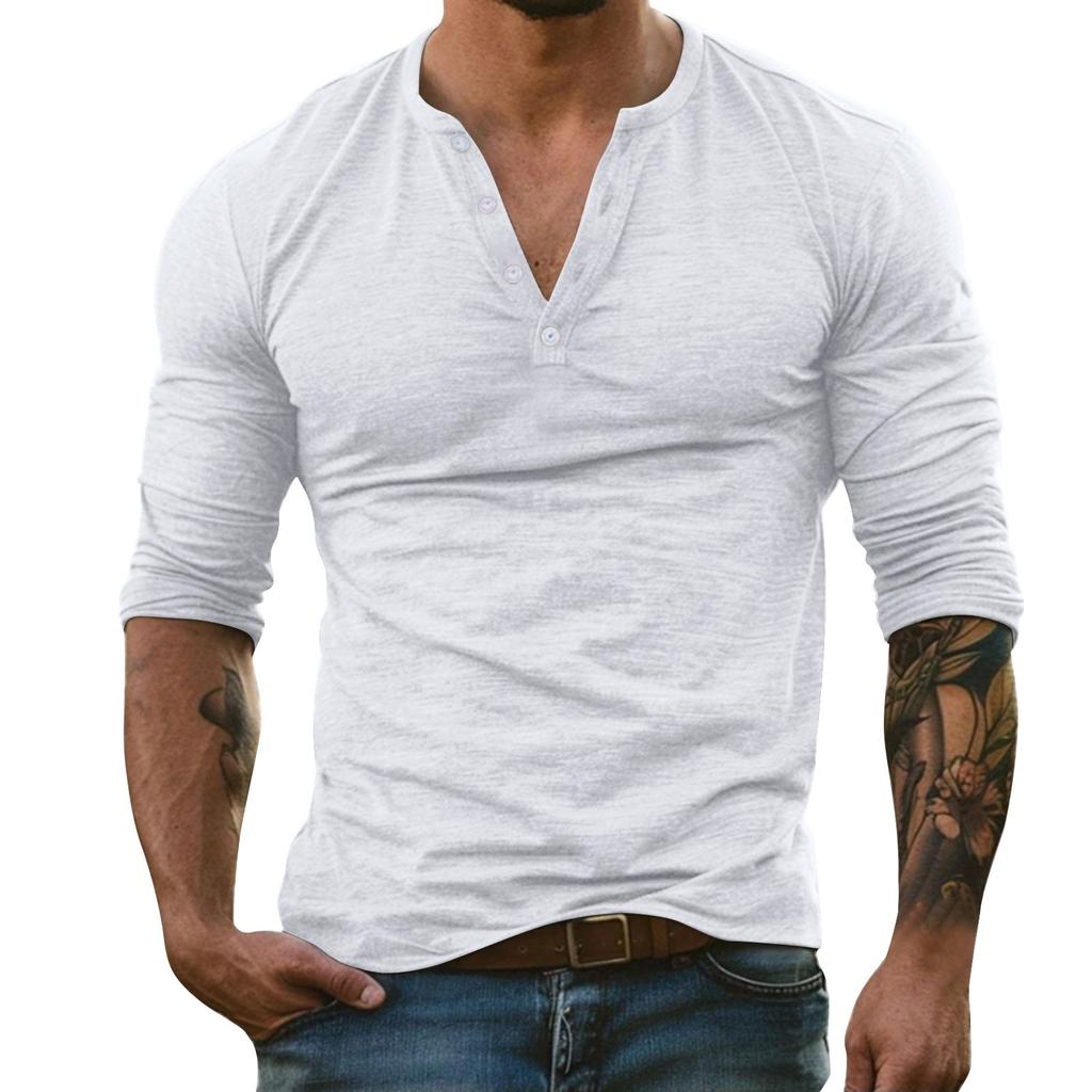 Men's Solid Color Long Sleeve Button Collar Long Sleeve T-Shirt Men's Casual Fashion Top
