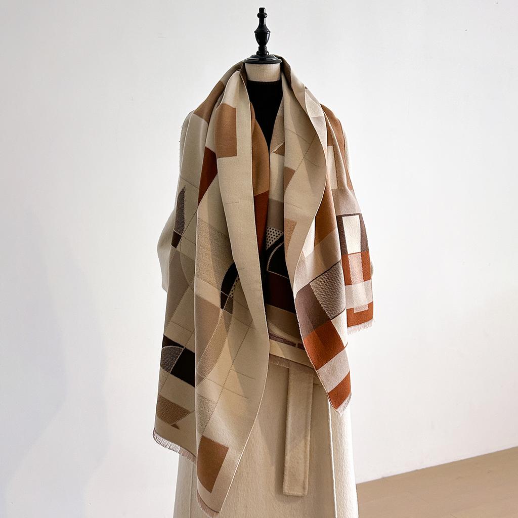 Luxuriöser Winterschal für Damen Faux-Kaschmir Warm Geometrischer Katzen-Print Pashmina Dick Weich Stola Wickeltuch Damenmarke Foulard Bufanda