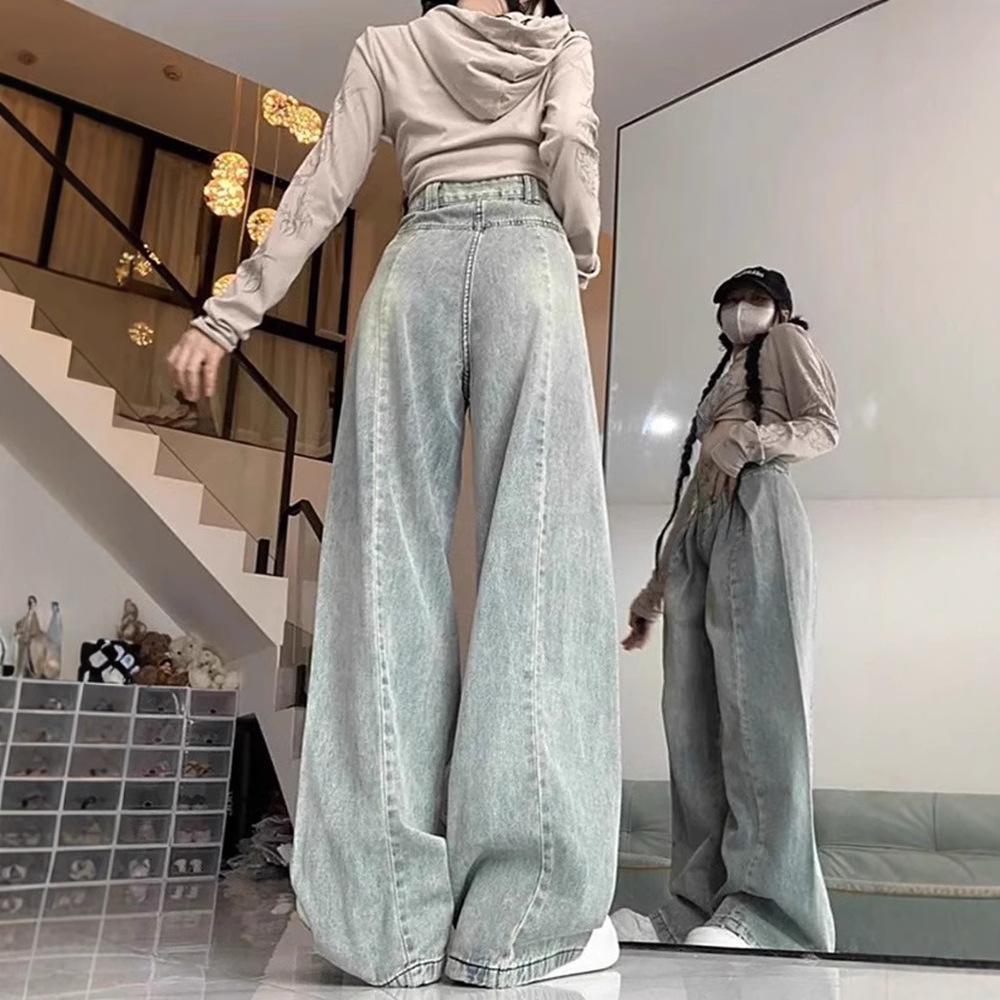 Jeans de pierna ancha de talle alto para mujer – Forma de pera, Verano, Corte holgado, Largo hasta el suelo, Pierna recta.