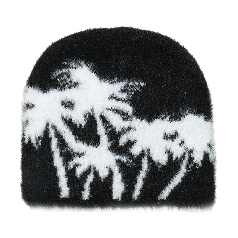Autumn and winter thermal hat women's outdoor plush beanie hat brimless cap coconut tree jacquard wool hat imitation mink hair