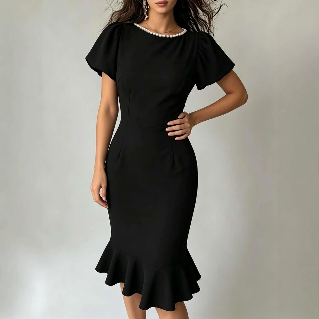 Hot-selling solid color bubble sleeve fishtail skirt in Europe and America, thin and elegant dress