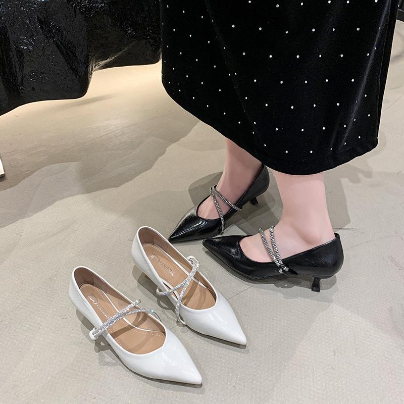 Fashion French Rhinestone Temperament Single Shoe Women Black Pointed Thin Heel Shallow High-heeled Shoes Luxury Zapatos De Mujer