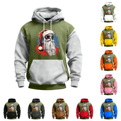 Erkek Noel Baskılı Renk Bloklu Kapüşonlu Günlük Spor Konfor Sweatshirt
