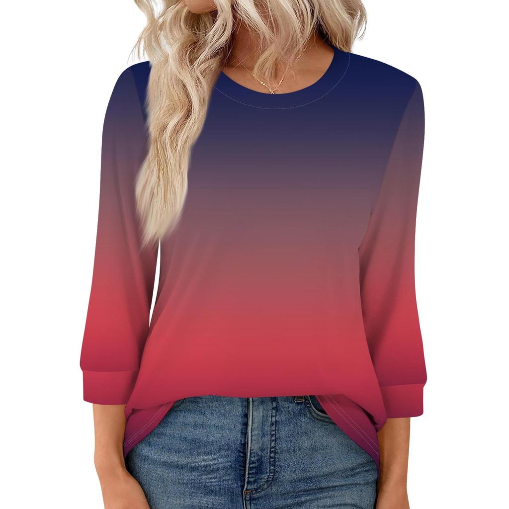 Women's Fashion Casual Round Neck 3/4 Sleeve Loose  Printed T-Shirt Ladies Top