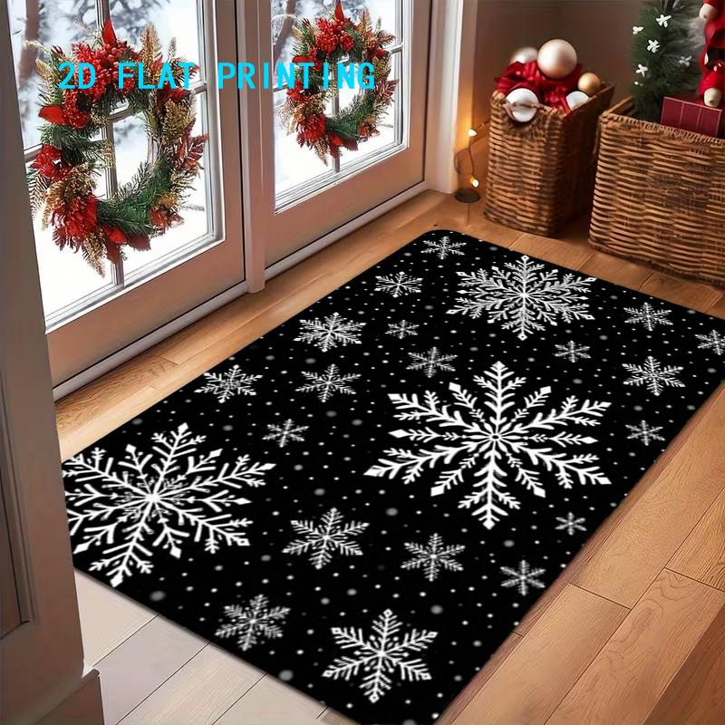 1pc, 2D Flat Printing, Christmas Snowflake Black Background Door Mat, Festive Atmosphere Entrance Rug, Non-Slip And Machine Washable Polyester Carpet,