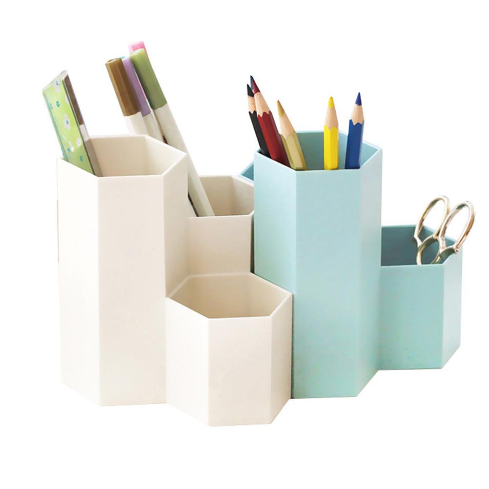 Pen Holder 3 Compartment Hexagonal Multi Function Makeup Brush Storage Bucket for Desktop Blue