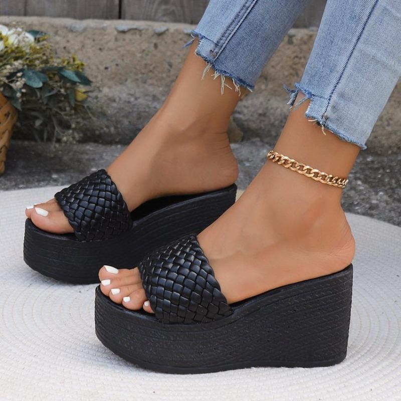 Women's Woven Single Strap Platform Sandals, Plus Size Chunky Heel Beach Slides