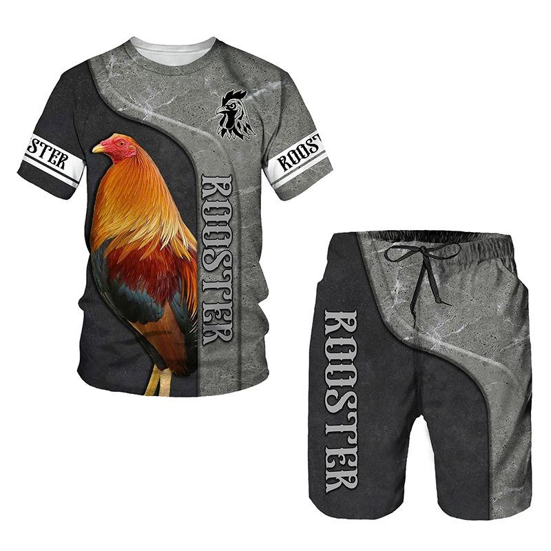 Hahnjagd Sommer Herren 3D-Druck Mann Set T-Shirt + Shorts Outfit Trainingsanzug Hahn Tier Kurze Ärmel 2-teiliger übergroßer Anzug