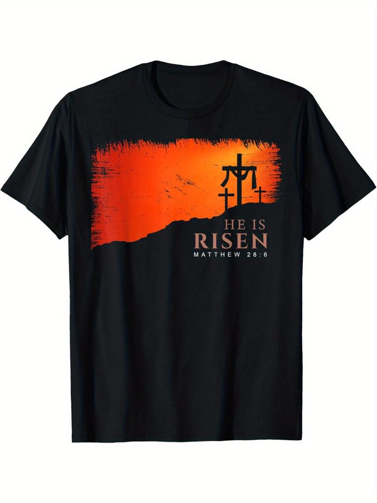 He Is Risen Cross Sunrise Graphic Tee Men Cotton Religious Christian Casual TShirt