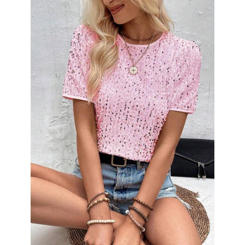 Top da Donna Rosa con Paillettes a Manica Corta Girocollo Casual da Festa Vestibilità Larga Camicetta Maglietta