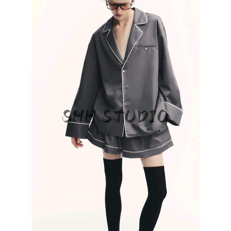 Autumn Suit Trim Poplin Long Sleeves Shirt 5063116 Shoelace Loose Mid Waist Shorts 1255535