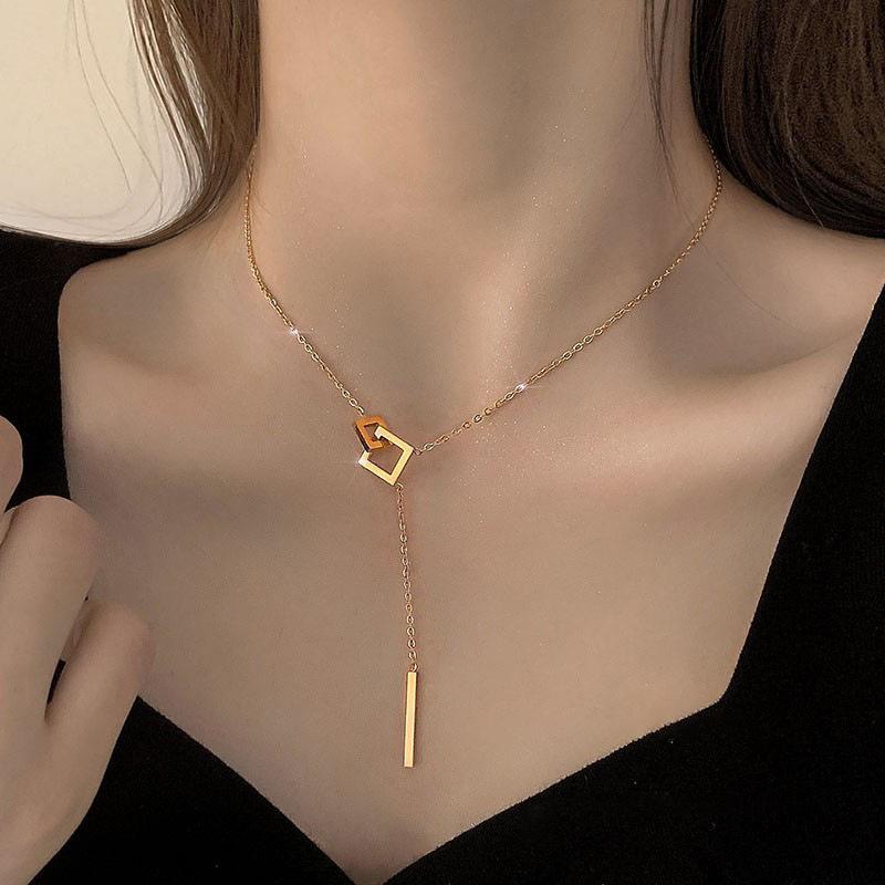 Personality Design Gold Color Stainless Steel Geometric Square Cross Long Pendant Necklace for Women Charm Collar Jewelry Gift