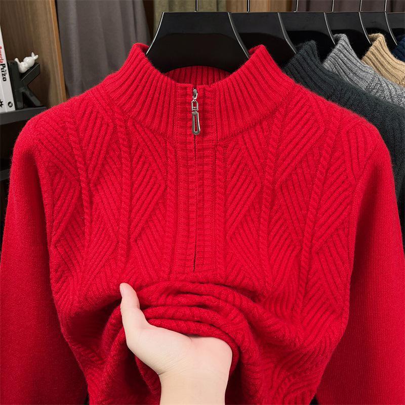 2025 Men s Fashionable Half-High Collar Zipper Jacquard Thick Knit Sweater M
